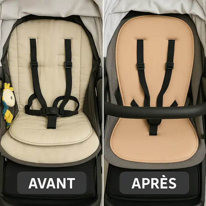 Image comparative montrant une poussette avant et après l’installation d’un coussin de poussette Micaela.