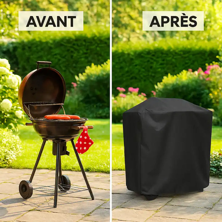 Comparatif avant/après d’un barbecue dans un jardin verdoyant.
