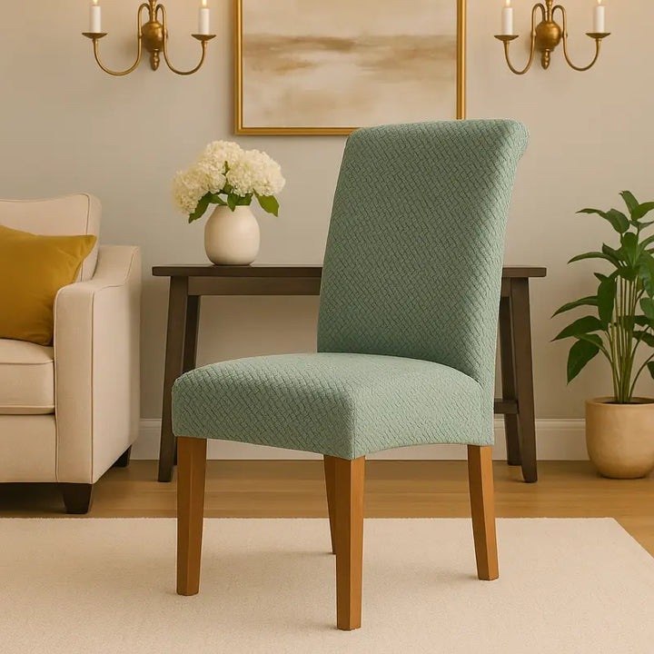 Salon moderne et lumineux avec une chaise recouverte d’une housse en jacquard vert sauge clair. La pièce présente une décoration épurée et contemporaine avec des meubles en bois clair, un grand tapis beige et des luminaires design suspendus, créant une atmosphère élégante et harmonieuse