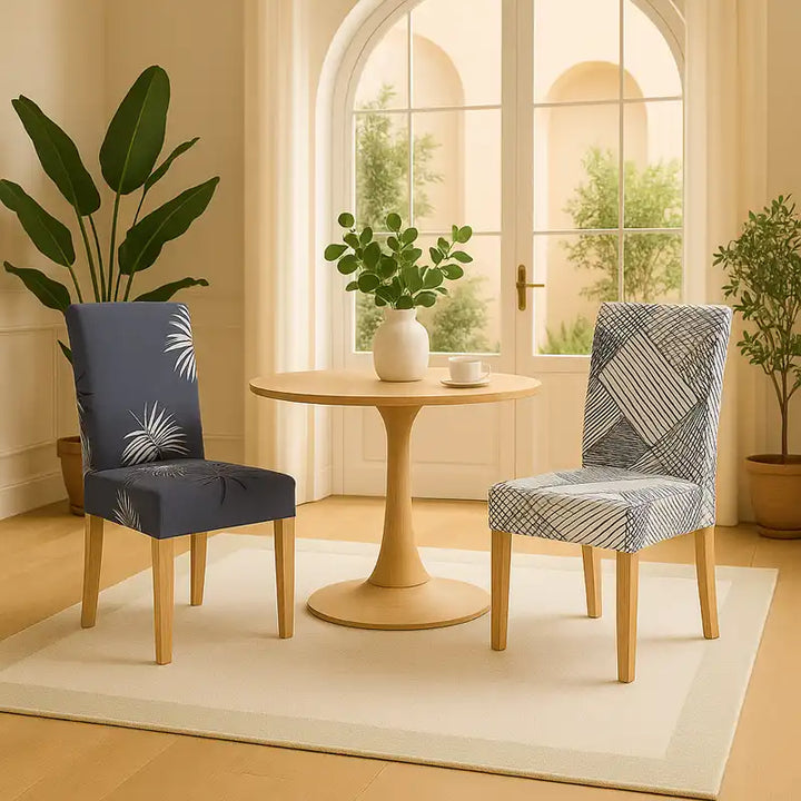 Deux chaises élégantes recouvertes de housses à motifs modernes, l’une grise avec des motifs de feuilles blanches et l’autre blanche avec des lignes géométriques noires, entourent une table ronde en bois clair. L’espace lumineux est agrémenté d’un grand tapis beige, de plantes méditerranéennes en pot, d’une baie vitrée cintrée et de murs beige et vert, créant une atmosphère raffinée, naturelle et luxueuse.