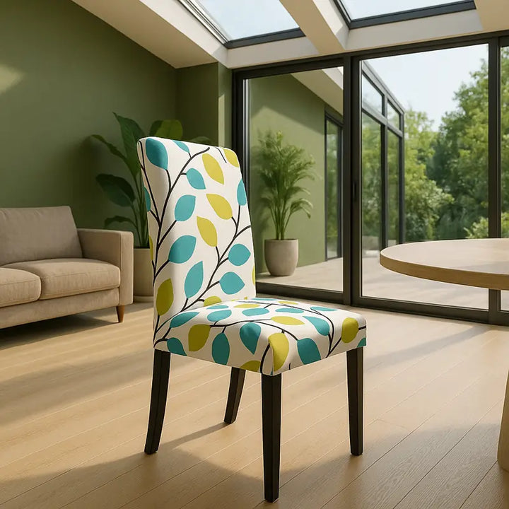 Chaise moderne avec housse à motifs de feuilles vertes et bleues placée dans une salle à manger lumineuse au style scandinave, avec mur vert olive, table beige en bois clair, grand toit vitré et baie vitrée donnant sur un jardin verdoyant.