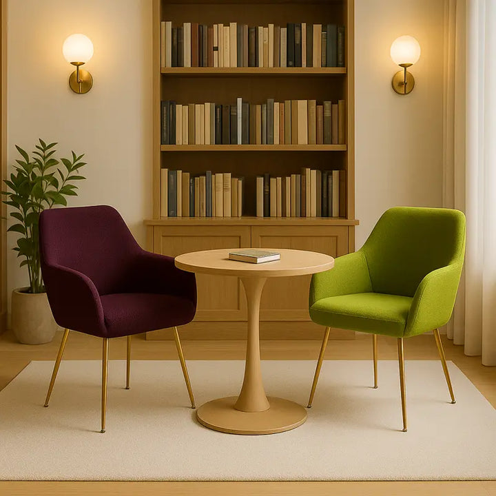 Deux chaises élégantes avec accoudoirs, l’une bordeaux et l’autre vert clair, entourent une table ronde en bois clair dans une bibliothèque lumineuse et luxueuse. En arrière-plan, une grande étagère garnie de livres, deux appliques murales dorées diffusant une lumière douce et une plante verte en pot créent une atmosphère raffinée, chaleureuse et harmonieuse.