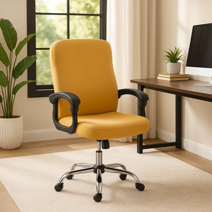 Une chaise de bureau élégante est placée devant un grand bureau moderne aux pieds noirs, dans un espace de travail lumineux avec des vitres panoramiques et des plantes vertes. L’image offre une composition équilibrée et raffinée.