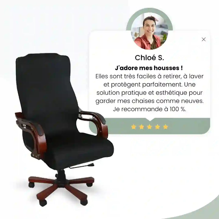 Chaise protégée par une housse élégante, accompagnée d’un avis client 5 étoiles soulignant sa praticité et son design.