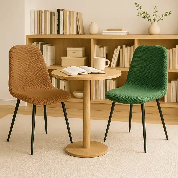 Image réaliste d’un coin de lecture lumineux et élégant avec deux chaises modernes — l’une marron clair et l’autre verte — disposées autour d’une table ronde en bois clair. En arrière-plan, une bibliothèque garnie de livres et un mur beige clair créent une ambiance paisible et luxueuse, baignée par une douce lumière naturelle.