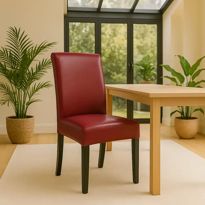 Une salle à manger luxueuse et lumineuse, dotée d’une grande table beige, une chaise recouverte d'une housse en cuir rouge bordeaux. L’espace intérieur est décoré de plantes vertes, de grandes baies vitrées et d’un toit ouvrant qui laisse entrer la lumière naturelle, créant une atmosphère moderne, élégante et raffinée.