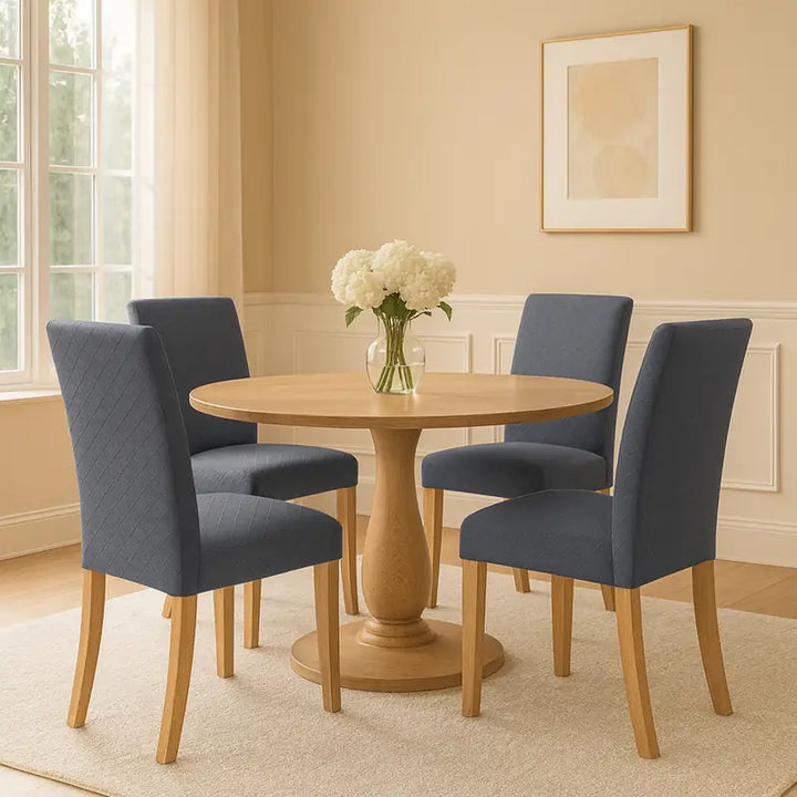 Table ronde en bois clair au centre, entourée de quatre chaises habillées d’une housse effet tricot bleu-gris.