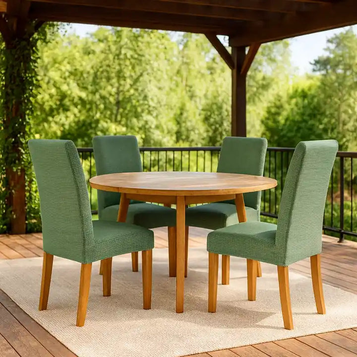 Terrasse avec une table ronde en bois et quatre chaises recouvertes