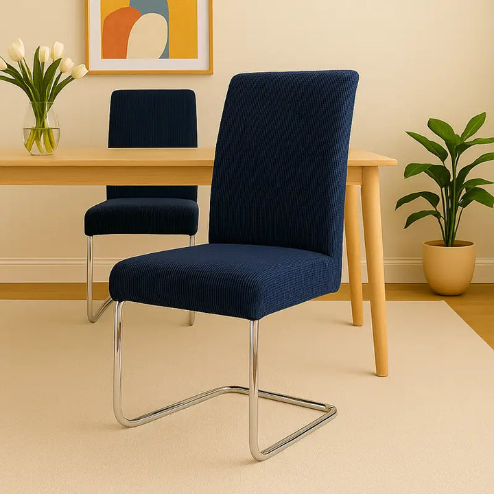 Salle à manger moderne et lumineuse avec deux chaises bleu foncé à pieds métalliques chromés, disposées autour d’une table beige élégante. L’ensemble est mis en valeur dans un décor chic et minimaliste avec des tons clairs, un tableau mural et une lumière naturelle douce, créant une ambiance élégante et raffinée.