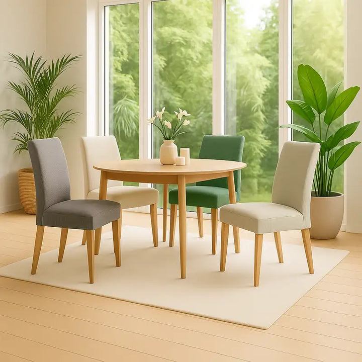 Salle à manger avec une table ronde en bois clair entourée de quatre chaises 