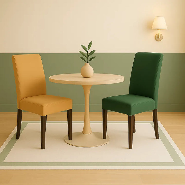 Deux chaises élégantes, l’une beige et l’autre verte, entourent une table ronde en bois clair ornée d’un petit vase beige avec plante.