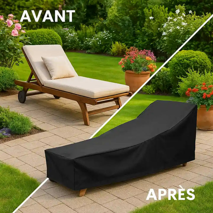 Montage comparatif avant-après d’une chaise longue de jardin dans un cadre verdoyant et luxueux.
À gauche, la chaise longue est découverte, avec un petit coussin posé dessus.
À droite, la même chaise longue est protégée par une housse noire imperméable, dans un jardin lumineux entouré de plantes et de fleurs.