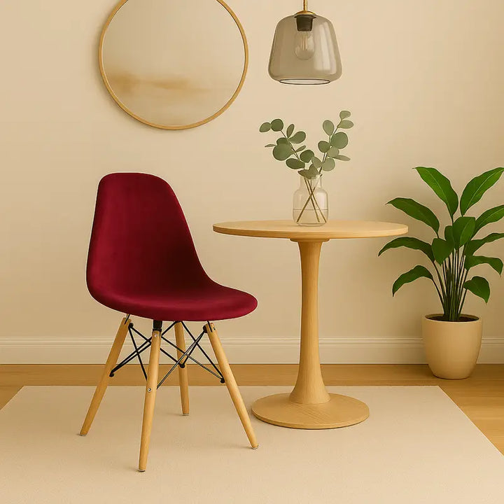 Une chaise scandinave recouverte d’une housse en velours bordeaux, posée dans un intérieur minimaliste et luxueux. La pièce présente un mur beige clair, un sol en parquet chêne clair, une table ronde beige avec un vase de fleurs blanches et des branches d’eucalyptus, un grand miroir rond au mur et une plante verte dans un pot discret. L’éclairage est doux et naturel, créant une ambiance élégante et apaisante.