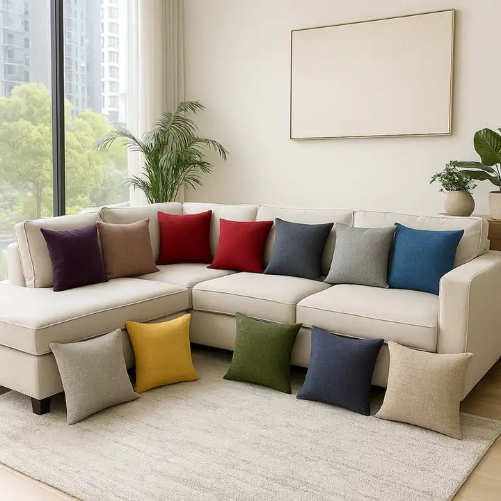 Grand salon luxueux de style moderne inspiré de Dubaï, avec un grand canapé d’angle clair orné de coussins en lin colorés — rouge, jaune, bleu, vert, beige, gris — baigné de lumière naturelle provenant d’une grande baie vitrée, sur un tapis moelleux et entouré d’une décoration élégante et chaleureuse.