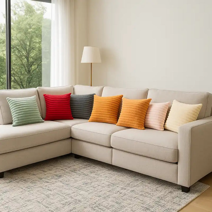 Grand salon moderne et luxueux avec un grand canapé d’angle clair, décoré de coussins en velours côtelé de couleurs rouge, gris, vert menthe, orange et beige, baigné de lumière naturelle provenant d’une grande baie vitrée.