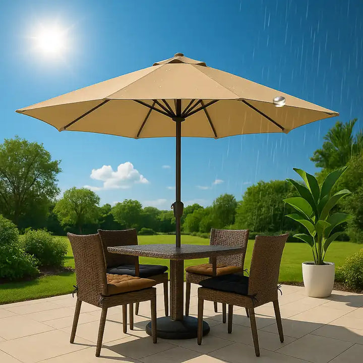 Parasol beige élégant installé sur une terrasse extérieure moderne et lumineuse.