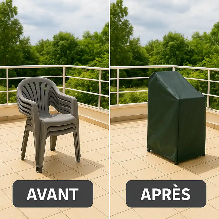 Comparatif avant-après sur une belle terrasse : des chaises en plastique empilées sans et avec housse.