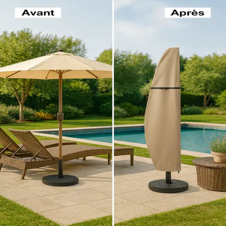 Comparaison avant/après d’un parasol beige dans un jardin ensoleillé : à gauche, le parasol est déployé au bord d’une piscine avec deux transats ; à droite, le même parasol est protégé par une housse beige élégante avec sangle, sur la même terrasse lumineuse.