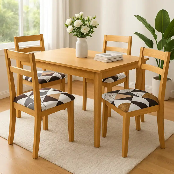 Une salle à manger lumineuse et élégante avec une table en bois clair entourée de chaises habillées de housses de siège à motifs géométriques modernes. L’ensemble crée une atmosphère équilibrée, luxueuse et accueillante, agrémentée de lumière naturelle et de quelques plantes vertes.