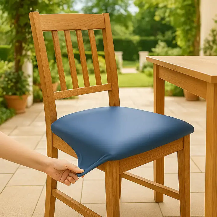 Chaise en bois recouverte d’une housse de siège bleu effet cuir.