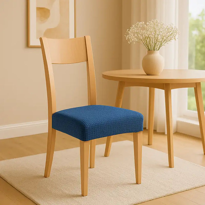 Photo réaliste d’une chaise en bois clair recouverte d’une housse de siège en jacquard bleu, placée dans un salon moderne et lumineux. Le décor beige comprend un mur orné d’un tableau abstrait, un vase en céramique avec des fleurs blanches et un tapis crème. L’ambiance est élégante, chaleureuse et minimaliste, mettant en valeur la texture raffinée de la housse.