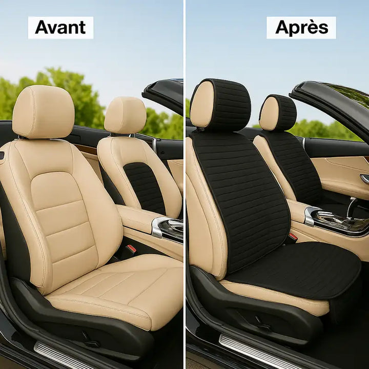 Comparatif avant et après montrant l’intérieur d’une voiture décapotable de luxe.
À gauche, les sièges d’origine en cuir beige clair sans housses.
À droite, les mêmes sièges recouverts de housses noires élégantes sur l’assise, le dossier et l’appui-tête.
L’image est claire et lumineuse, avec des finitions haut de gamme et un rendu photoréaliste.