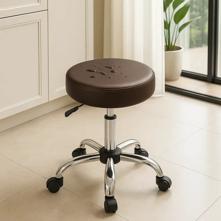 Tabouret moderne à roulettes, recouvert de housse effet cuir imperméable.
