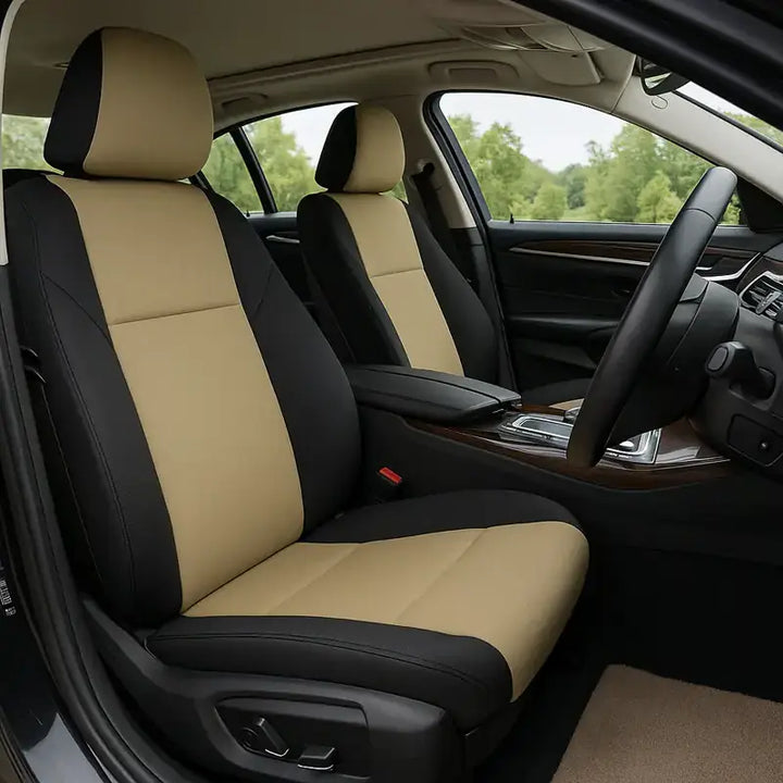 Intérieur de voiture luxueuse inversé en miroir : deux sièges avant habillés de housses bicolores beige et noir.
