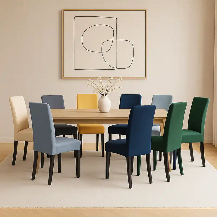 Salle à manger moderne avec housses de chaise en velours multicolores