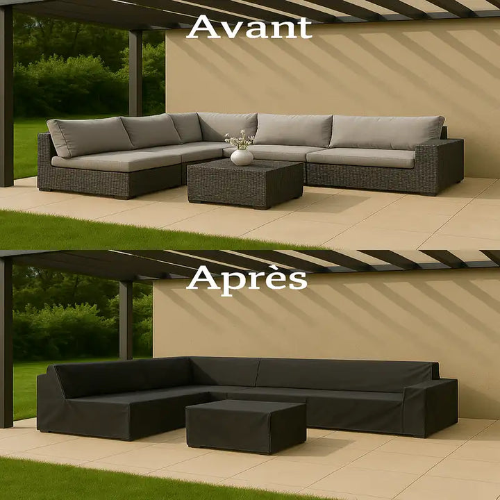 Comparatif avant/après d’un canapé d’angle de jardin sous pergola