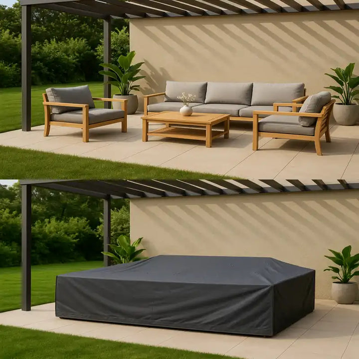 Comparatif avant et après avec salon de jardin moderne en bois clair