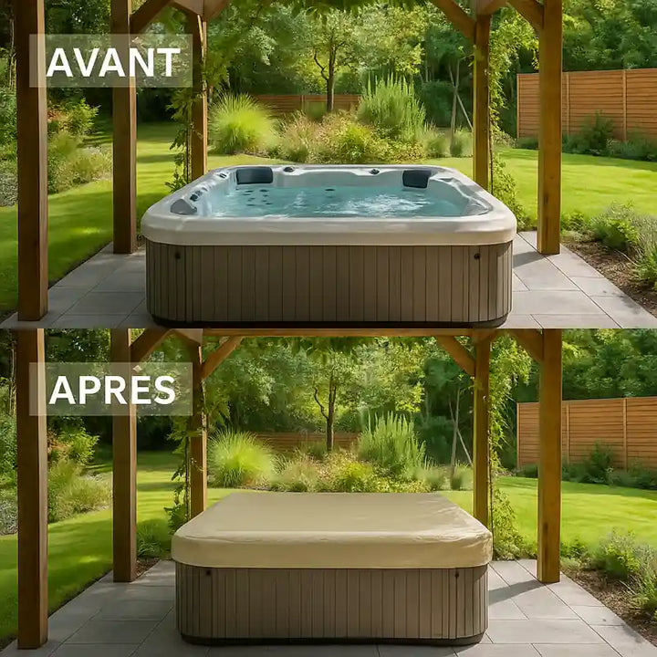 Spa carré avant et après installation d’une housse imperméable beige