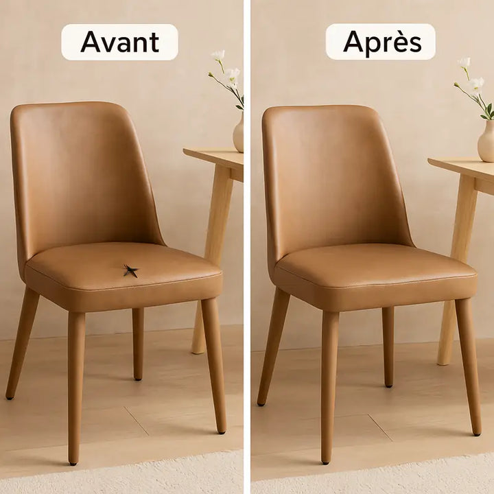 Comparatif avant/après de la réparation d’une chaise en cuir marron clair avec un patch auto-adhésif. À gauche, le cuir présente une déchirure nette sur l’assise ; à droite, le même fauteuil apparaît réparé, avec une surface lisse, propre et uniforme. L’éclairage naturel met en valeur la texture du cuir et le rendu esthétique du produit dans un décor clair et minimaliste.