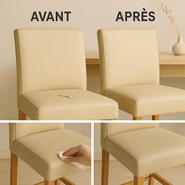 Comparatif avant/après montrant la réparation d’une chaise en cuir beige avec un patch auto-adhésif Isabella : à gauche, cuir déchiré ; à droite, cuir lisse et réparé pour un résultat propre et uniforme.
