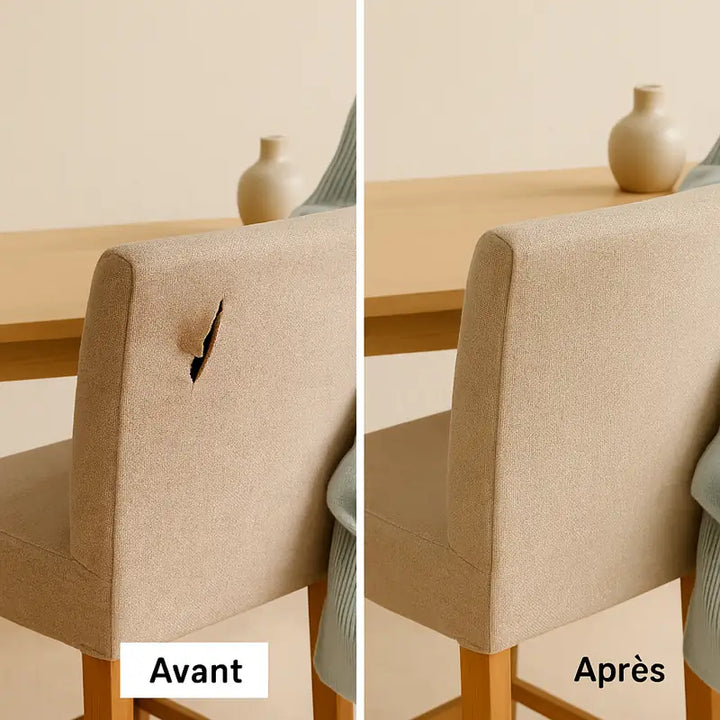Comparatif avant/après montrant la réparation d’une chaise en lin beige avec le patch auto-adhésif Ursula : à gauche, tissu déchiré ; à droite, tissu lisse et réparé, résultat propre et soigné dans un cadre lumineux et minimaliste.
