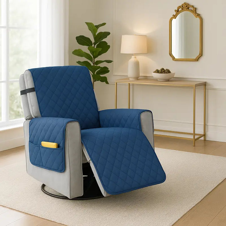 Un fauteuil relax recouvert d’une housse matelassée bleue est placé dans un salon raffiné et lumineux. À l’arrière, une console dorée ornée d’un miroir et d’une lampe beige illumine la pièce, tandis qu’une plante verte et un grand tapis clair ajoutent une touche naturelle et élégante. L’ensemble dégage une atmosphère chaleureuse et luxueuse.