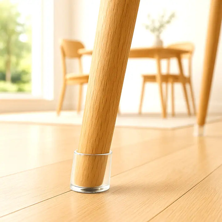 Image réaliste d’un intérieur scandinave moderne avec parquet clair, murs beige crème et lumière naturelle douce. Une table en bois clair est entourée de chaises au design minimaliste, équipées de protège-pieds en silicone transparents. Des plantes vertes et des éléments décoratifs sobres complètent ce décor chic, lumineux et épuré.