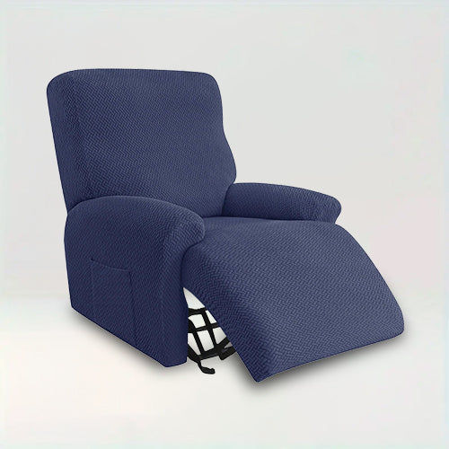 Housse de fauteuil inclinable en jacquard effet tressé - Kamelia de couleur bleu marine sur fond beige 