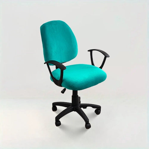 Housse de chaise de bureau en velours - Noémie de couleur bleu canard avec un fond blanc