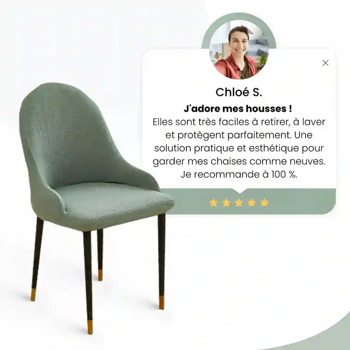 Chaise protégée par une housse élégante, accompagnée d’un avis client 5 étoiles soulignant sa praticité et son design.