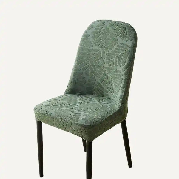 Housse de chaise arrondie en jacquard effet fleuri Léandra de couleur vert sur fond beige