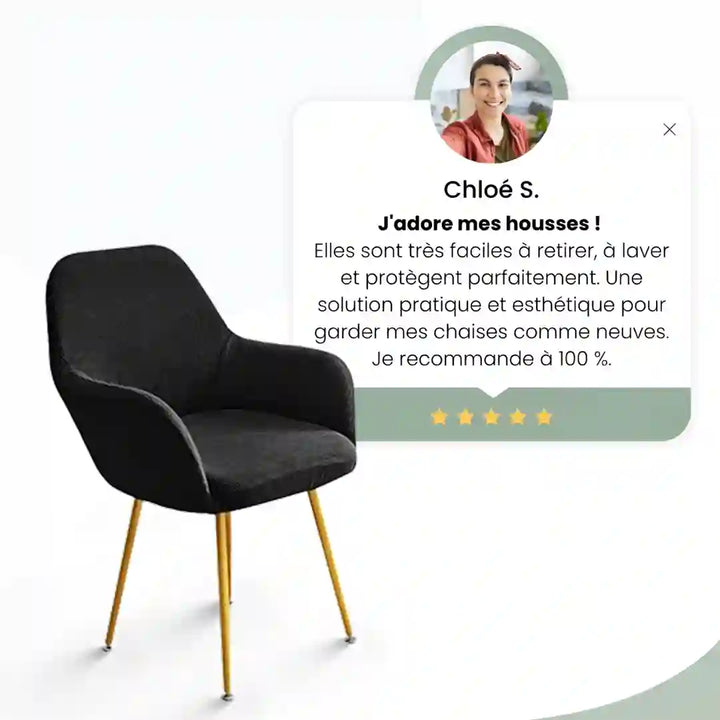 Chaise protégée par une housse élégante, accompagnée d’un avis client 5 étoiles soulignant sa praticité et son design.