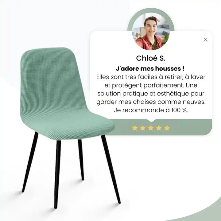 Chaise protégée par une housse élégante, accompagnée d’un avis client 5 étoiles soulignant sa praticité et son design.