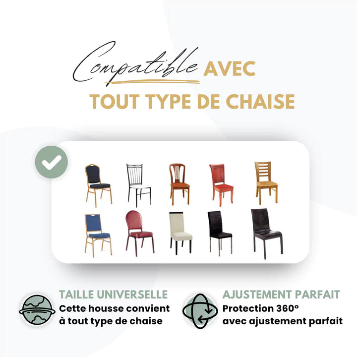 Housse universelle s’adaptant à divers modèles de chaises, offrant un ajustement parfait et une protection optimale.