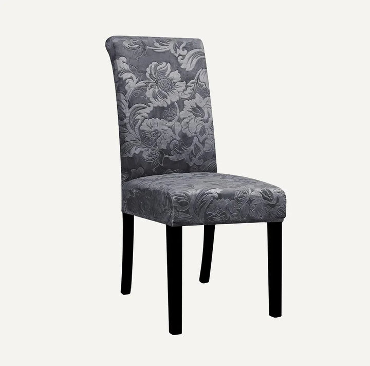 Housse de chaise en jacquard avec motifs feuilles Natalia de couleur gris foncé sur fond beige