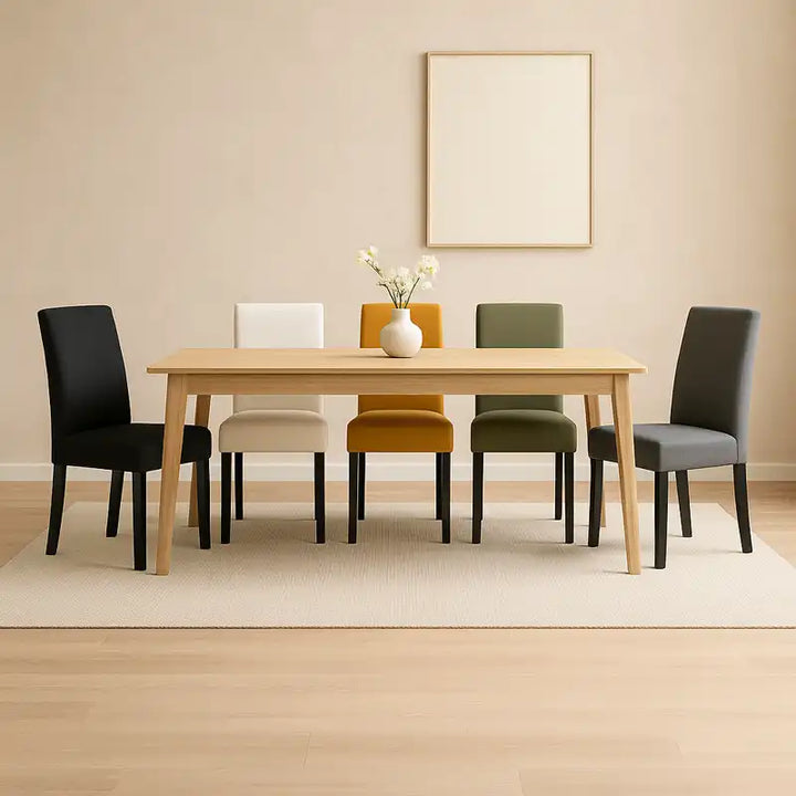 Salle à manger moderne avec table en bois clair.