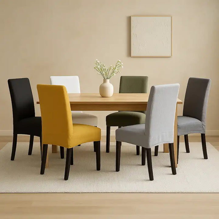 Salle à manger avec table en bois et chaises recouvertes de housses colorées 
