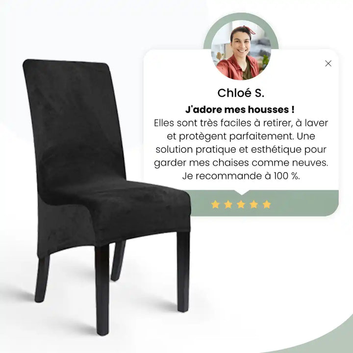 Chaise protégée par une housse élégante, accompagnée d’un avis client 5 étoiles soulignant sa praticité et son design.