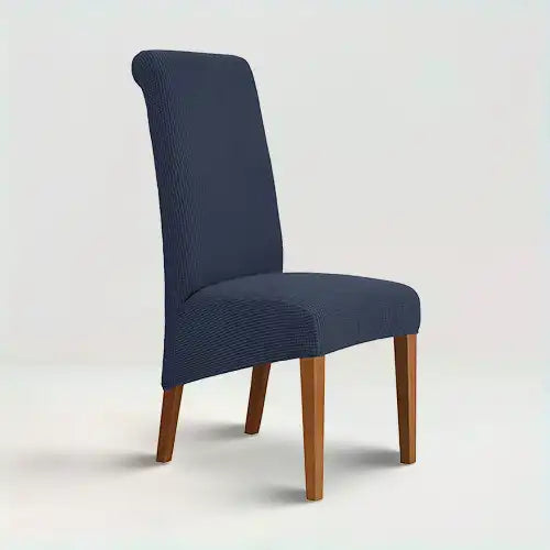 Housse de chaise XL en jacquard  Amalia de couleur bleu marine sur fond beige