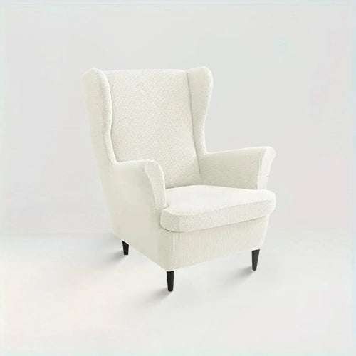 Housse de fauteuil à oreilles en jacquard Iris de couleur blanc sur fond beige